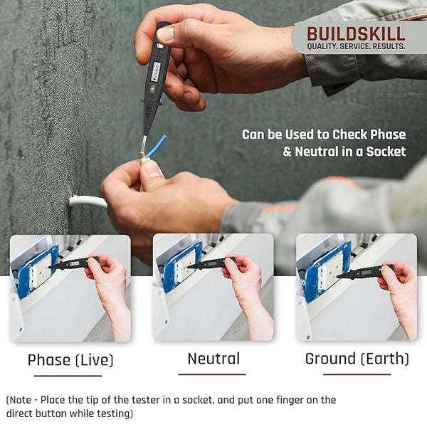 BUILDSKILL Digital Voltage Tester 12V-220V AC/DC | 2-in-1 Line & Electrical Tester Pen for Circuit Check | Induction Voltage Testing | LCD Display | Breakpoint & Live Object Detection