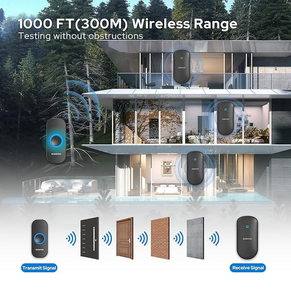 COSTAR Wireless Door Bell Kits Chime for Home Office with LED Light 300 Meter 1000 Feet Operating Range 32 Ringtones 5 Levels Volume, 1 Receiver and 1 Push Button IP44 Waterproof (Pebble T301-Black)