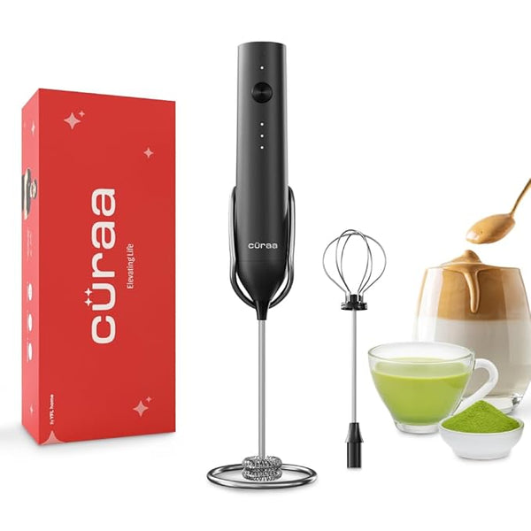 Cüraa by YFL Home Milk Frother for Coffee | 3 Speed Electric Milk Frother Perfect for Coffee, Lattes, Milk, Hot Chocolates & Cream | Handheld, Portable, Rechargeable Frother with Stand & Whisker