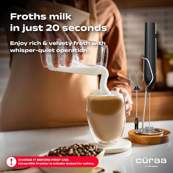 Cüraa by YFL Home Milk Frother for Coffee | 3 Speed Electric Milk Frother Perfect for Coffee, Lattes, Milk, Hot Chocolates & Cream | Handheld, Portable, Rechargeable Frother with Stand & Whisker