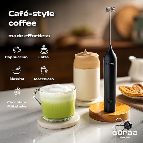 Cüraa by YFL Home Milk Frother for Coffee | 3 Speed Electric Milk Frother Perfect for Coffee, Lattes, Milk, Hot Chocolates & Cream | Handheld, Portable, Rechargeable Frother with Stand & Whisker