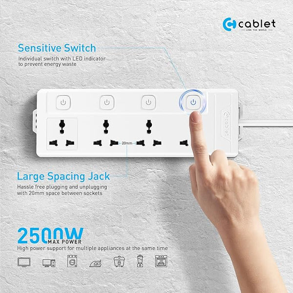 Cablet 250 Volts Extension Board 2500W 10A, 4 Universal Sockets, Individual Switches, 1.8M Heavy Duty Copper Wire, LED Indicator, Power Strip for Home and Office Use