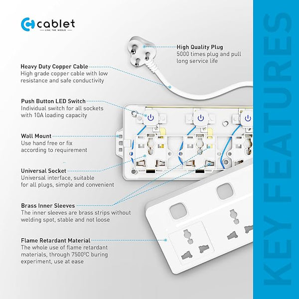 Cablet 250 Volts Extension Board 2500W 10A, 4 Universal Sockets, Individual Switches, 1.8M Heavy Duty Copper Wire, LED Indicator, Power Strip for Home and Office Use