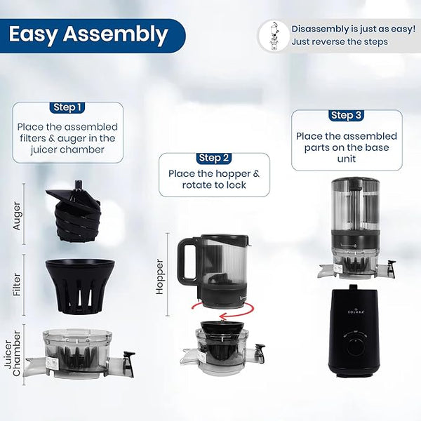 SOLARA Cold Press Juicer for Home, Slow Juicer Cold Pressed Machine for Fruits & Vegetables, Masticating Juicer Machine Electric with Reverse Function, High Juice Yield, Easy Clean, BPA-Free, Black