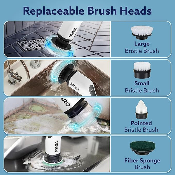 AGARO Royal Electric Spin Scrubber, Cleaning Brush Scrubber for Home, 300RPM/Min, 8 Replaceable Brush Heads, 90 Min Work Time, 3 Adjustable Size, 2 Adjustable Speeds, for Bathroom, Floor Tiles, White