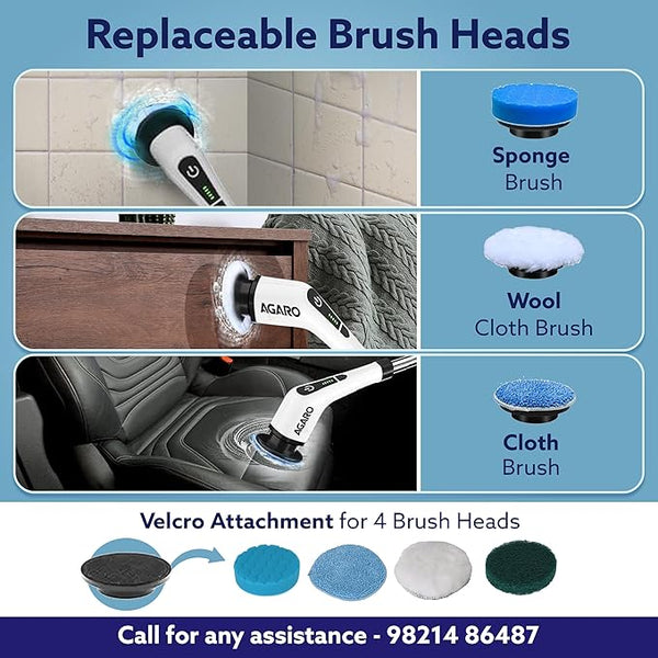 AGARO Royal Electric Spin Scrubber, Cleaning Brush Scrubber for Home, 300RPM/Min, 8 Replaceable Brush Heads, 90 Min Work Time, 3 Adjustable Size, 2 Adjustable Speeds, for Bathroom, Floor Tiles, White