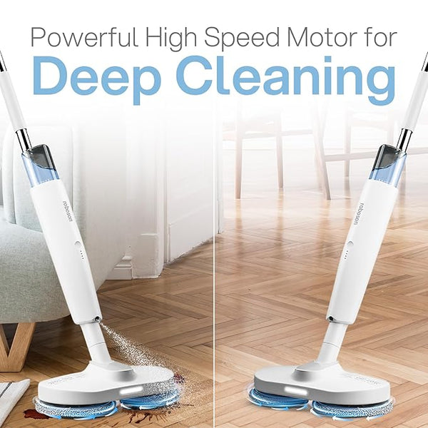 Roboson Electric Spin Mop for Floor Cleaning, Cordless Automatic Wet Mopper, 2 Pairs Mop Cloths, Water Sprayer Mopping, Light Weight for Hardwood, Tile, Marble, and all Hard Floors (1 Year Warranty)