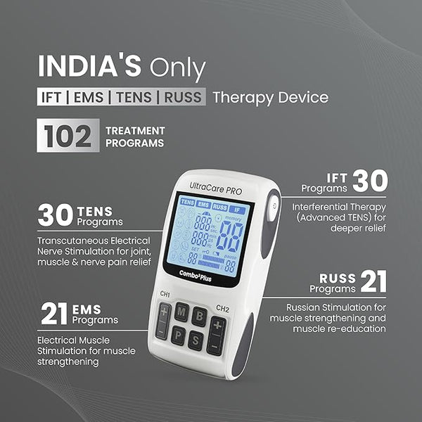 UltraCare PRO Combo3 Plus - Portable IFT Physiotherapy Machine with Advanced TENS & (EMS) Electric Muscle Stimulator Physiotherapy machine for Home & Clinic Use | Travel Friendly & 1 year Warranty
