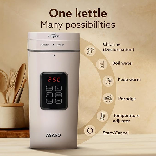 AGARO Delite Portable Electric Kettle, 500 Ml, Fast Boiling, Adjustable Temperature, Keep Warm, Dechlorination, Porridge, Double Layered Body, Travel Electric Kettle, Hot Water, White