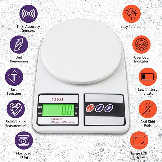 ATOM ALISTON K1 Series Digital Kitchen Weighing Scale 10 kg, Electronic Weight Machine with LCD Display for Baking, Cooking, Food & Diet, SF-400/A121. 6Months Warranty (Colour May Vary)