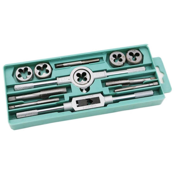 12-Piece Tap & Die Set | Durable tungsten steel tap & die set for cutting M6–M12 threads | Includes 5 taps, 5 dies, tap & die wrench in a compact case | Ideal for auto, machinery & DIY use.