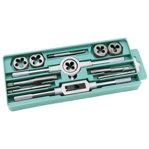 12-Piece Tap & Die Set | Durable tungsten steel tap & die set for cutting M6–M12 threads | Includes 5 taps, 5 dies, tap & die wrench in a compact case | Ideal for auto, machinery & DIY use.