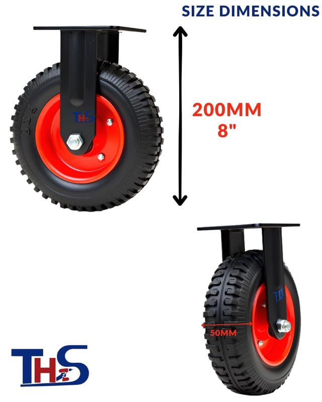 THS 8" 20050 200kgs Rubber Fixed Castor Wheel | Heavy Duty Industrial Wheel for Trolleys, Carts & Machinery | Durable Non-Marking Rubber Wheel