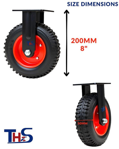 THS 8" 20050 200kgs Rubber Fixed Castor Wheel | Heavy Duty Industrial Wheel for Trolleys, Carts & Machinery | Durable Non-Marking Rubber Wheel