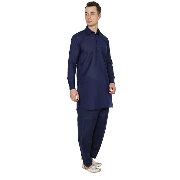 Mens Linen Cotton Classic Collar Pathani Suit Set