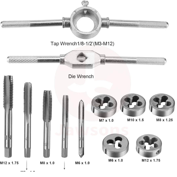 12-Piece Tap & Die Set | Durable tungsten steel tap & die set for cutting M6–M12 threads | Includes 5 taps, 5 dies, tap & die wrench in a compact case | Ideal for auto, machinery & DIY use.
