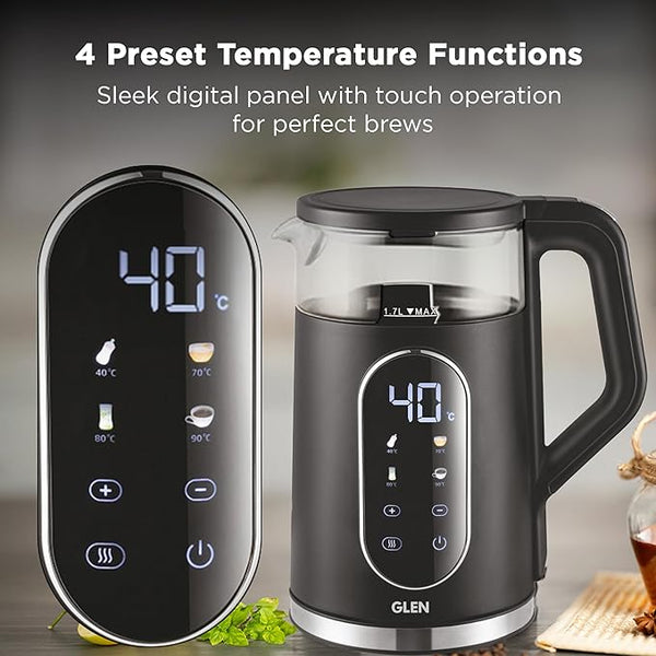 Glen Electric Kettle 1.5 Litre, 2000W, 4 Preset Temperature Functions,Baby formula, honey water,green tea, coffee, Touch Control & Digital Display, Auto Shutoff, Cord Storage(SA-9008GLBL)