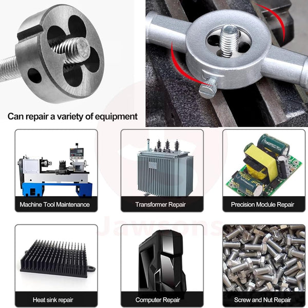 12-Piece Tap & Die Set | Durable tungsten steel tap & die set for cutting M6–M12 threads | Includes 5 taps, 5 dies, tap & die wrench in a compact case | Ideal for auto, machinery & DIY use.