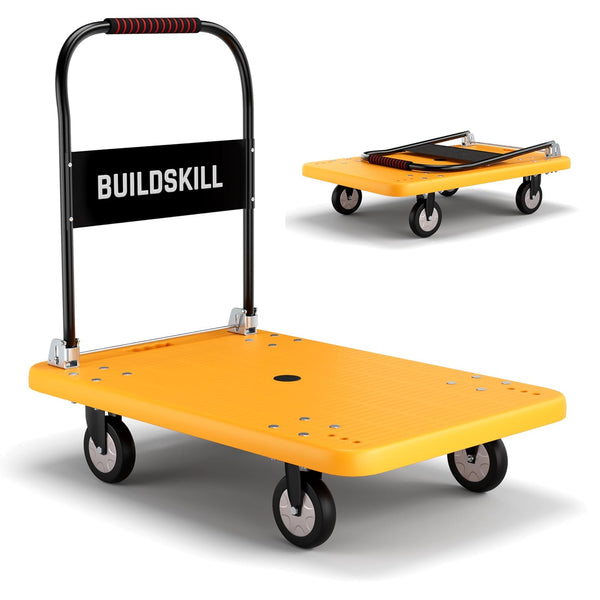 BUILDSKILL 250kg Platform Trolley | 360° Rotating TPR Wheels | 81cm x 57cm Heavy Duty Cushioned Grip Foldable Trolley with Wheels | Metal Beams Support | for Industrial, Warehouse, Office & Home use