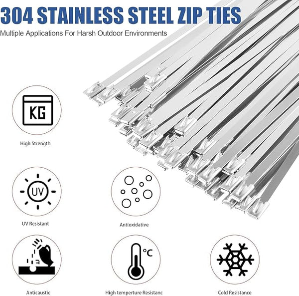 Hi-Plasst 10 Inch Stainless Steel Zip Ties (Pack of 10) // 250mm x 4.6mm Self-Locking Metal Cable Ties // Heavy-Duty Fasteners for Machinery, Automotive, Pipes, Fencing & Industrial Use