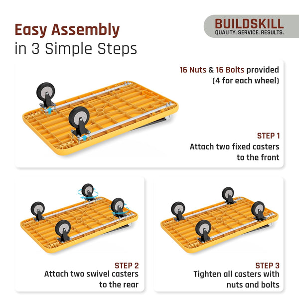 BUILDSKILL 250kg Platform Trolley | 360° Rotating TPR Wheels | 81cm x 57cm Heavy Duty Cushioned Grip Foldable Trolley with Wheels | Metal Beams Support | for Industrial, Warehouse, Office & Home use