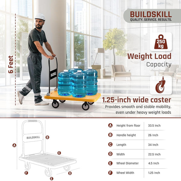 BUILDSKILL 250kg Platform Trolley | 360° Rotating TPR Wheels | 81cm x 57cm Heavy Duty Cushioned Grip Foldable Trolley with Wheels | Metal Beams Support | for Industrial, Warehouse, Office & Home use