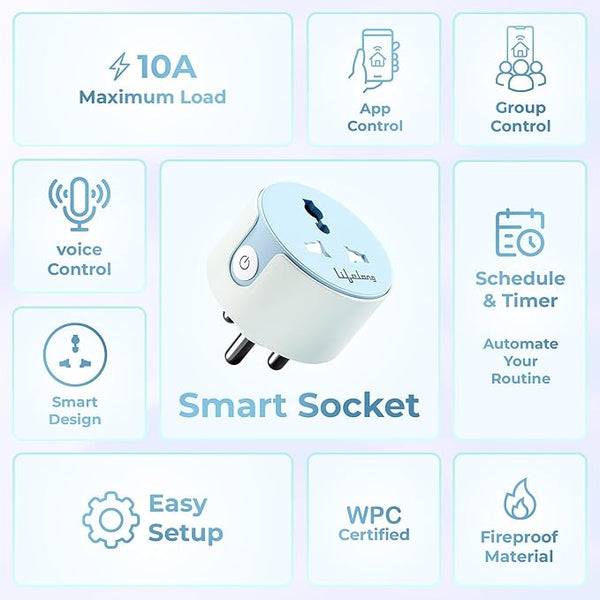 Lifelong Electronics 10A WiFi Smart Power Plug for Home Automation | With App Control, Timer, Voice Control, Scheduling | Smart Plugs Gadget | Electrical Switch Socket | Compatible with Alexa & Google