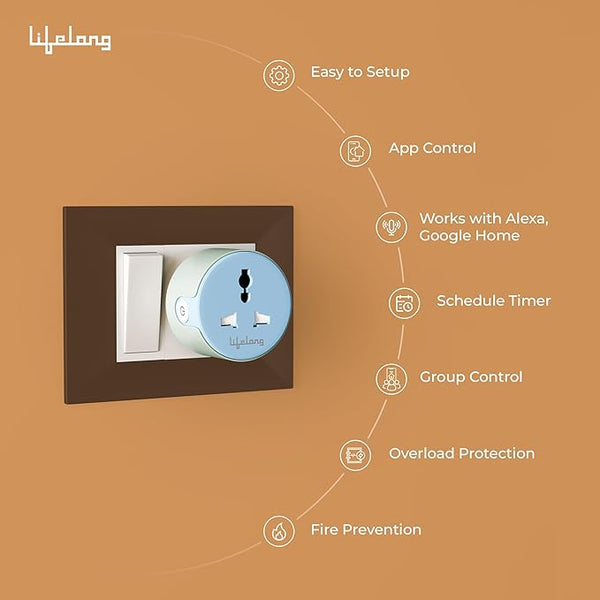 Lifelong Electronics 10A WiFi Smart Power Plug for Home Automation | With App Control, Timer, Voice Control, Scheduling | Smart Plugs Gadget | Electrical Switch Socket | Compatible with Alexa & Google